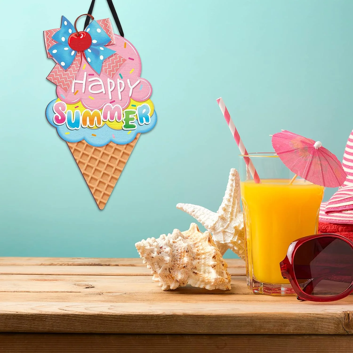 2 Pieces Ice Cream Sandbeach Hanging Sign Happy Summer Wood ... - Image 6