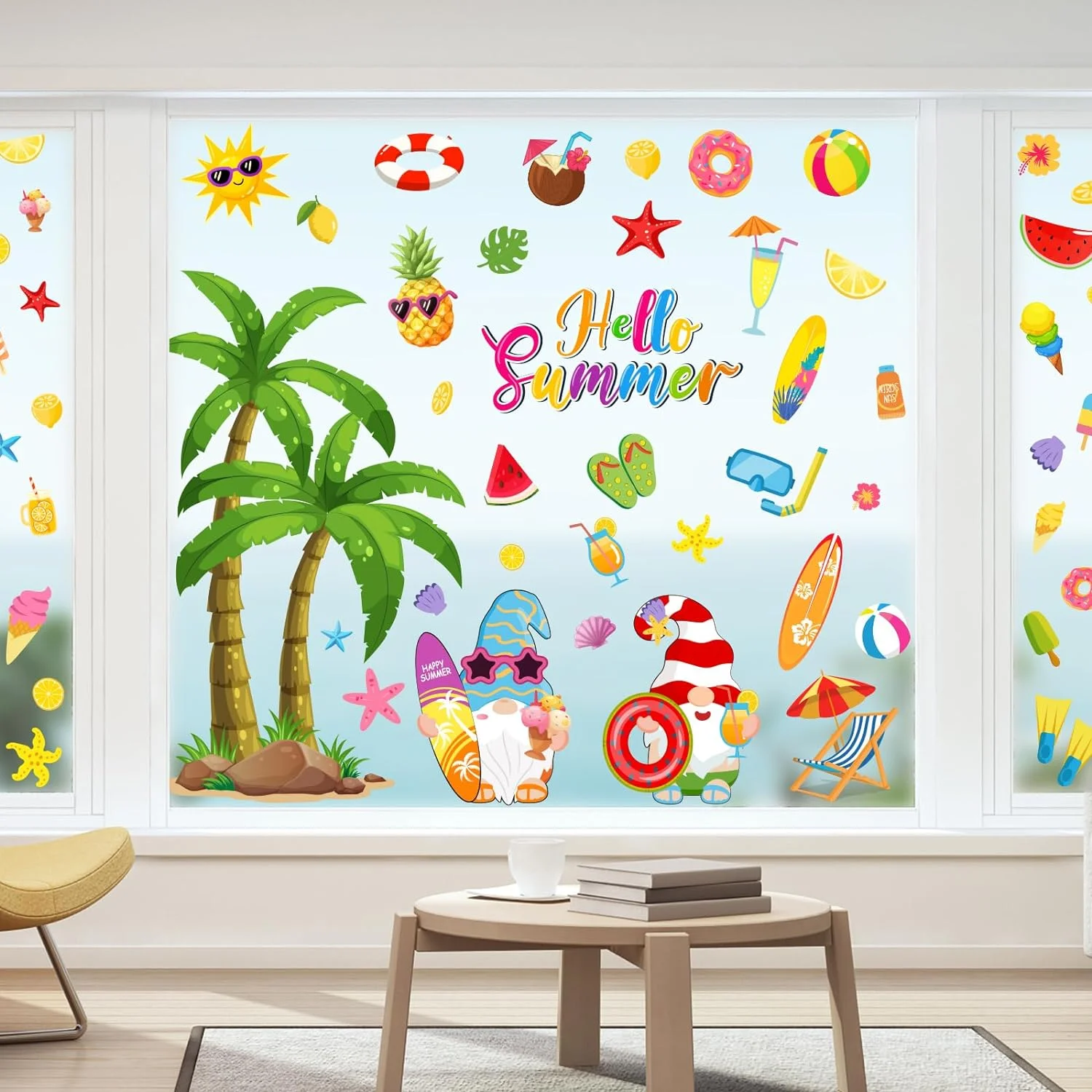Whaline 6 Sheet Summer Window Clings Cartoon Beach Hawaii Co... - Image 7