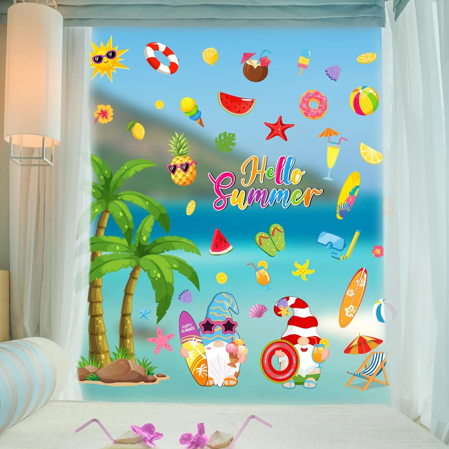 Whaline 6 Sheet Summer Window Clings Cartoon Beach Hawaii Co... - Image 4