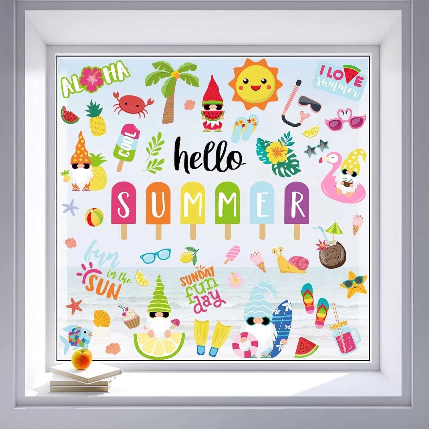 Whaline 9 Sheets Summer Window Clings Cartoon Gnome Ice Loll... - Image 6