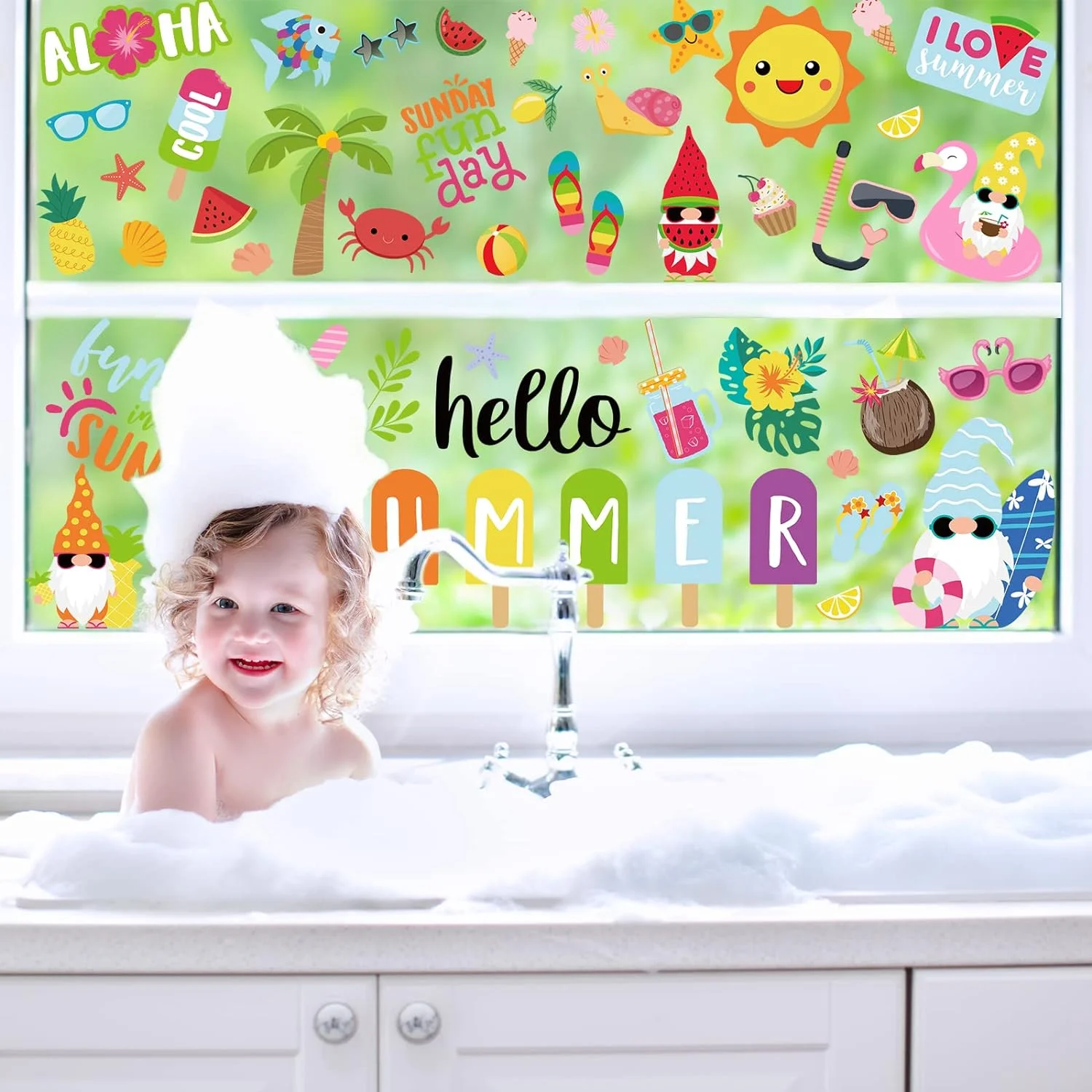Whaline 9 Sheets Summer Window Clings Cartoon Gnome Ice Loll... - Image 4