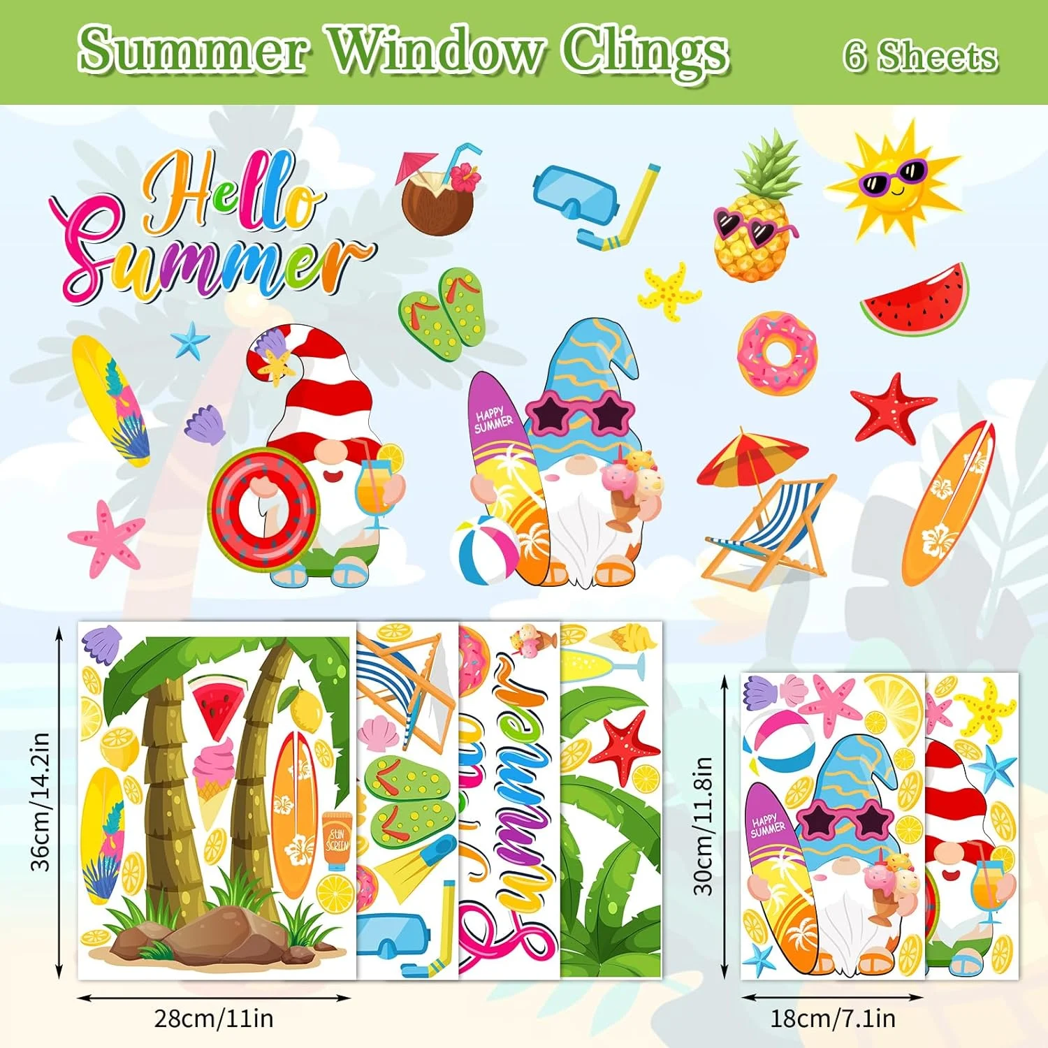 Whaline 6 Sheet Summer Window Clings Cartoon Beach Hawaii Co... - Image 6