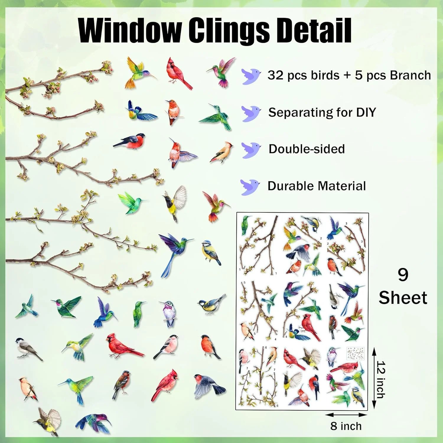 Spring Summer Bird Window Clings - 9 Sheet Hummingbirds Bran... - Image 3