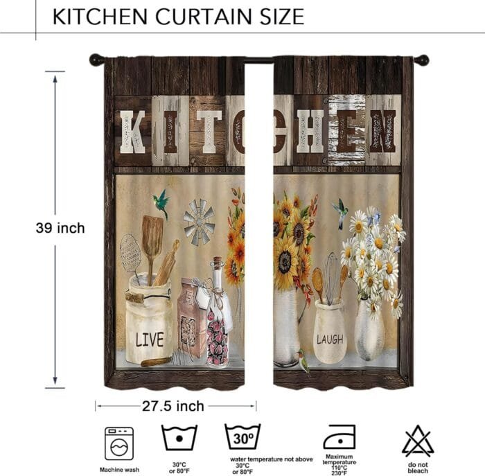 1729619243 Rustic Vintage Farmhouse Sunflower Kitchen Curtains 27.5W X