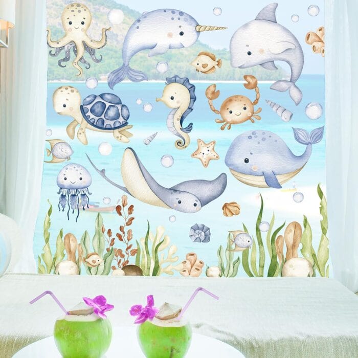 AnyDesign 80Pcs Ocean Themed Window Clings Watercolor Under