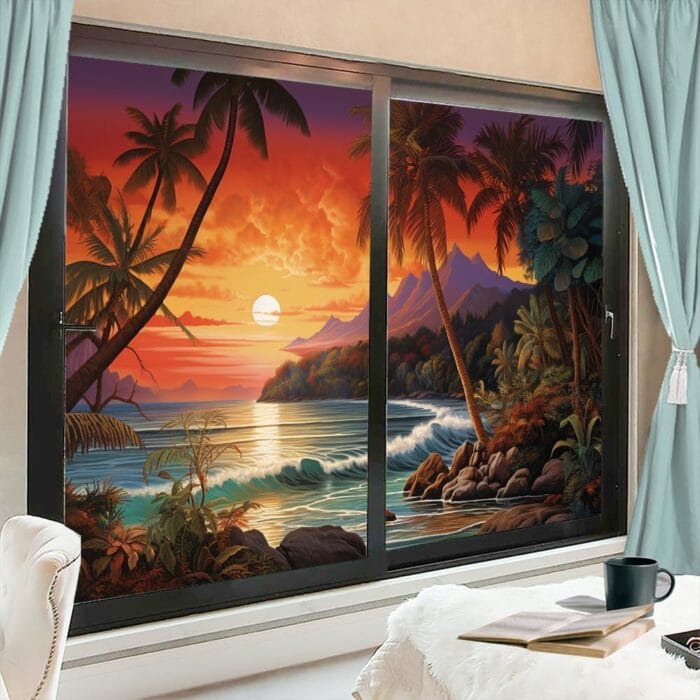 Colorful Sunset Seascape Window Film Sun Blocking Ocean Moun