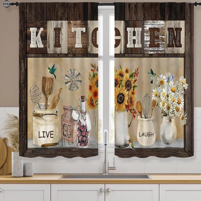Rustic Vintage Farmhouse Sunflower Kitchen Curtains 27.5W X